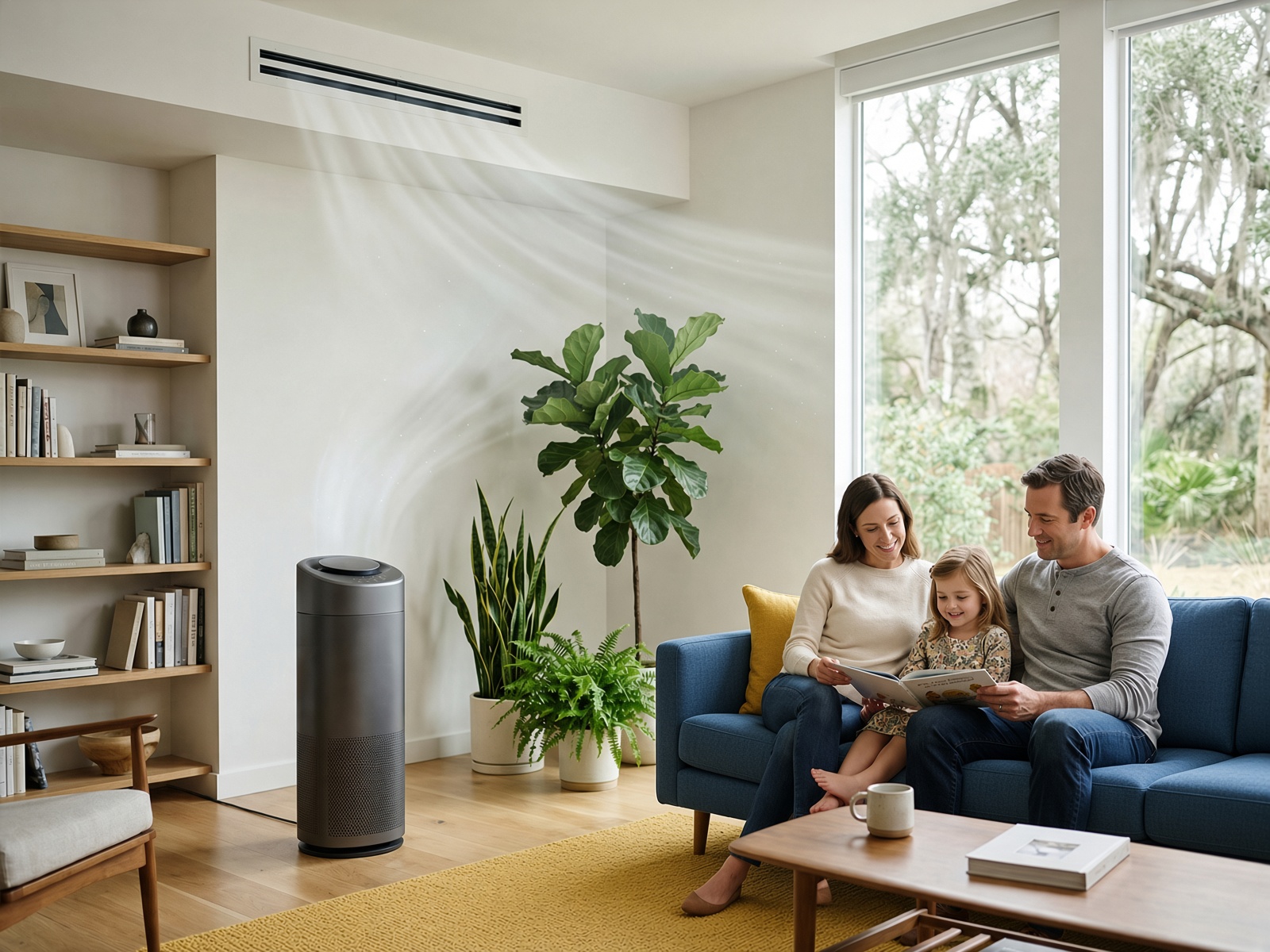 A family reading together in a bright living room with an air purifier.