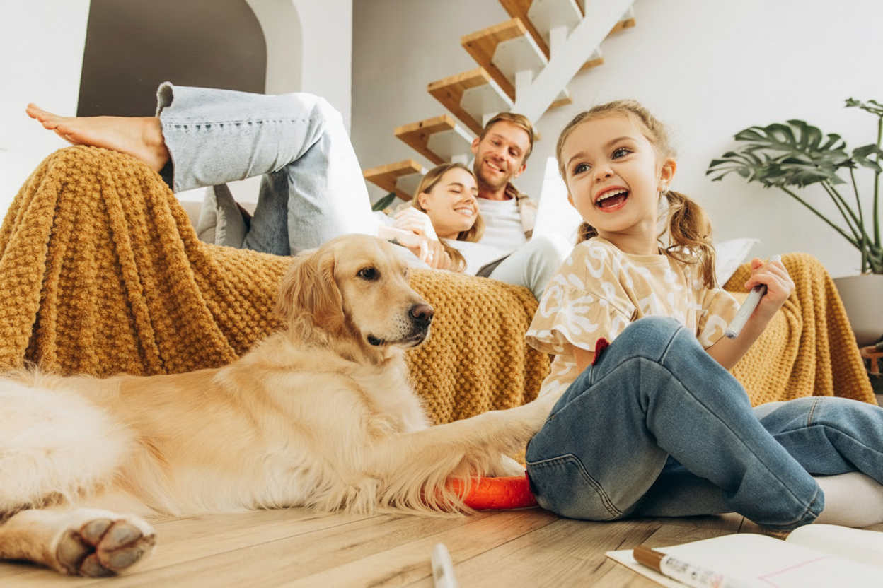A smiling family relaxing at home with their golden retriever.
